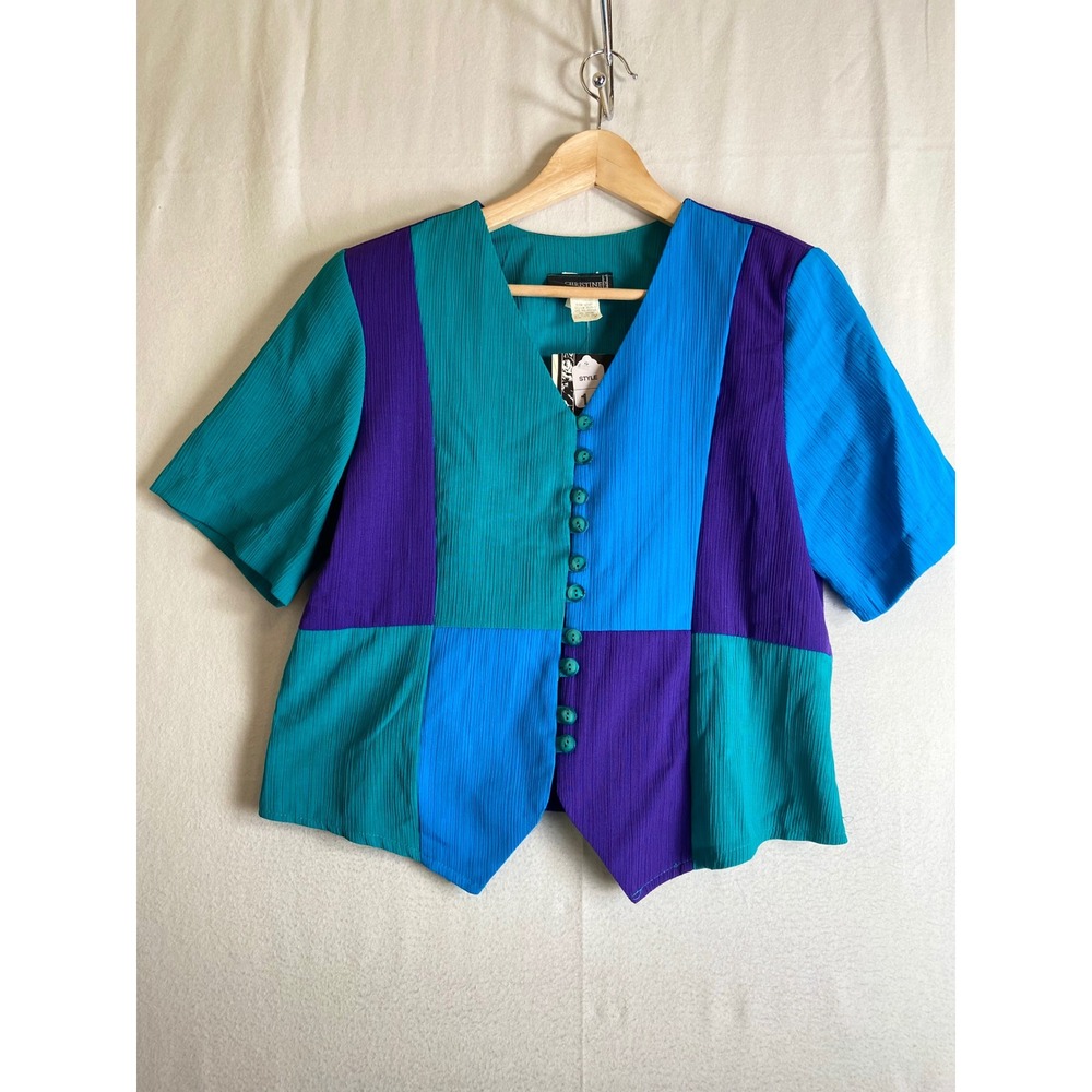 Vintage Christine Alexander Colorblock Crinkle 혜Top Teal Purple Blue V-Neck XL